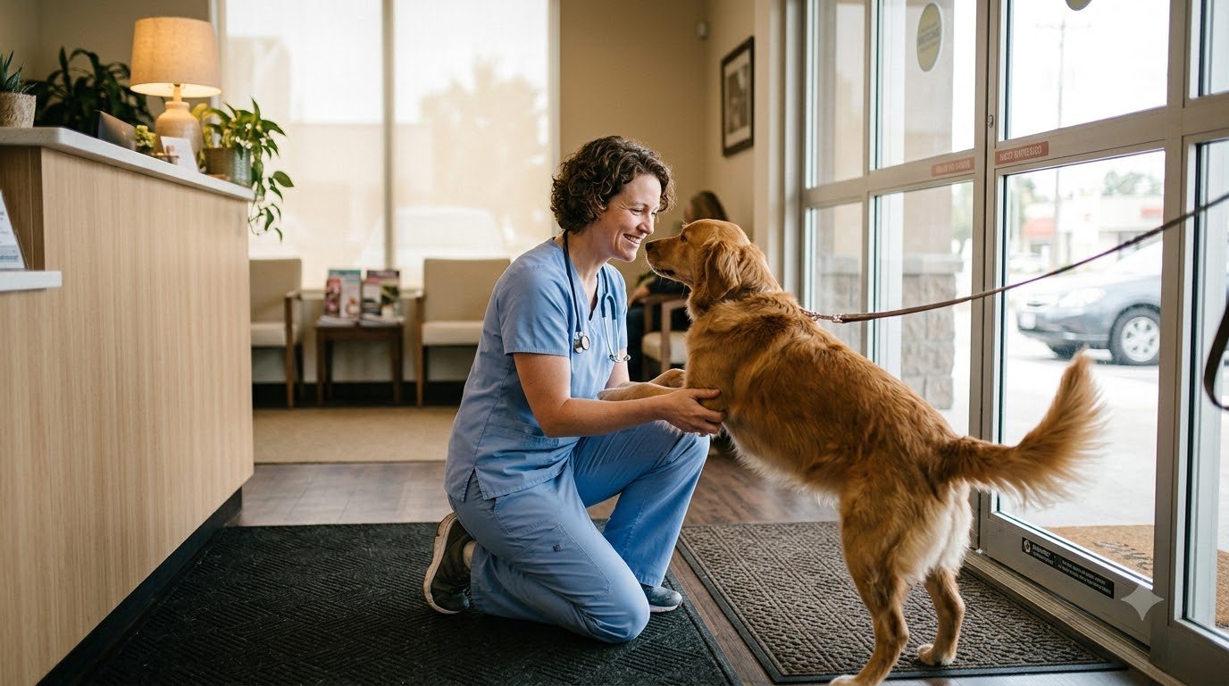 A vet warmly greeting a dog it knows well in a clinic