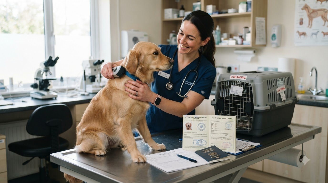 A veterinarian examining a dog during a routine visit