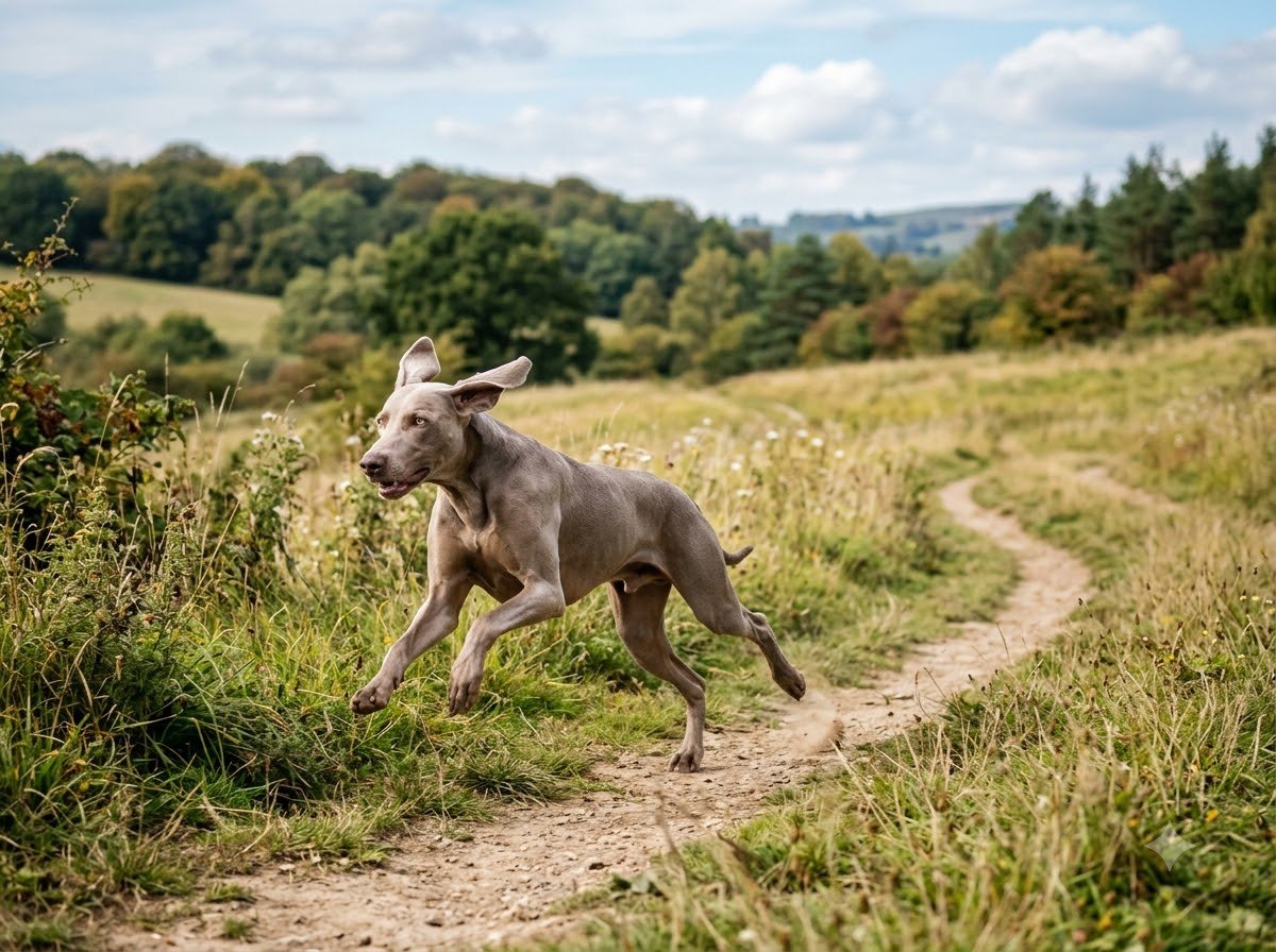 A Weimaraner running energetically outdoors