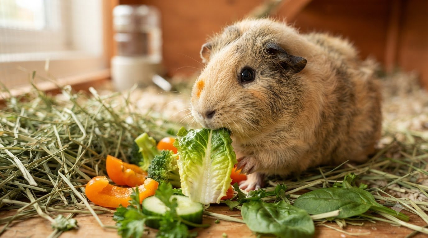 A guinea pig eating fresh vegetables