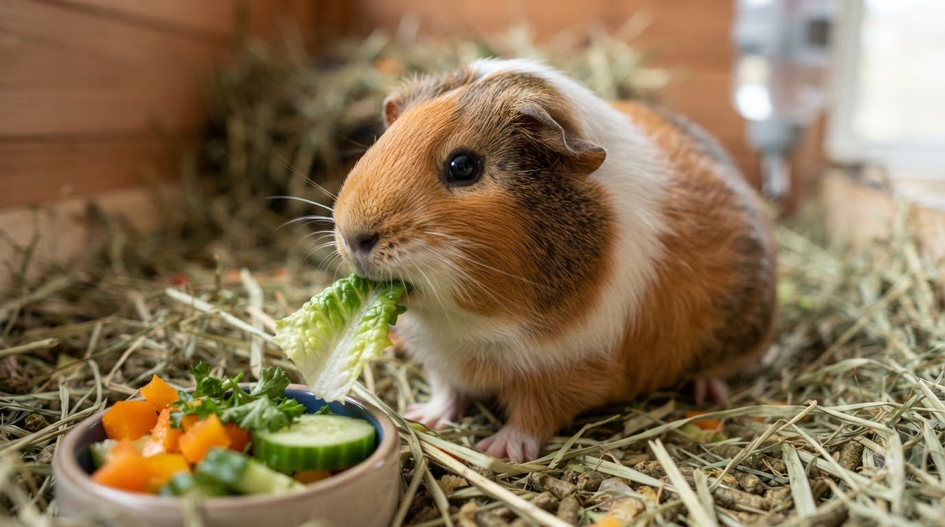 A guinea pig eating fresh vegetables close up
