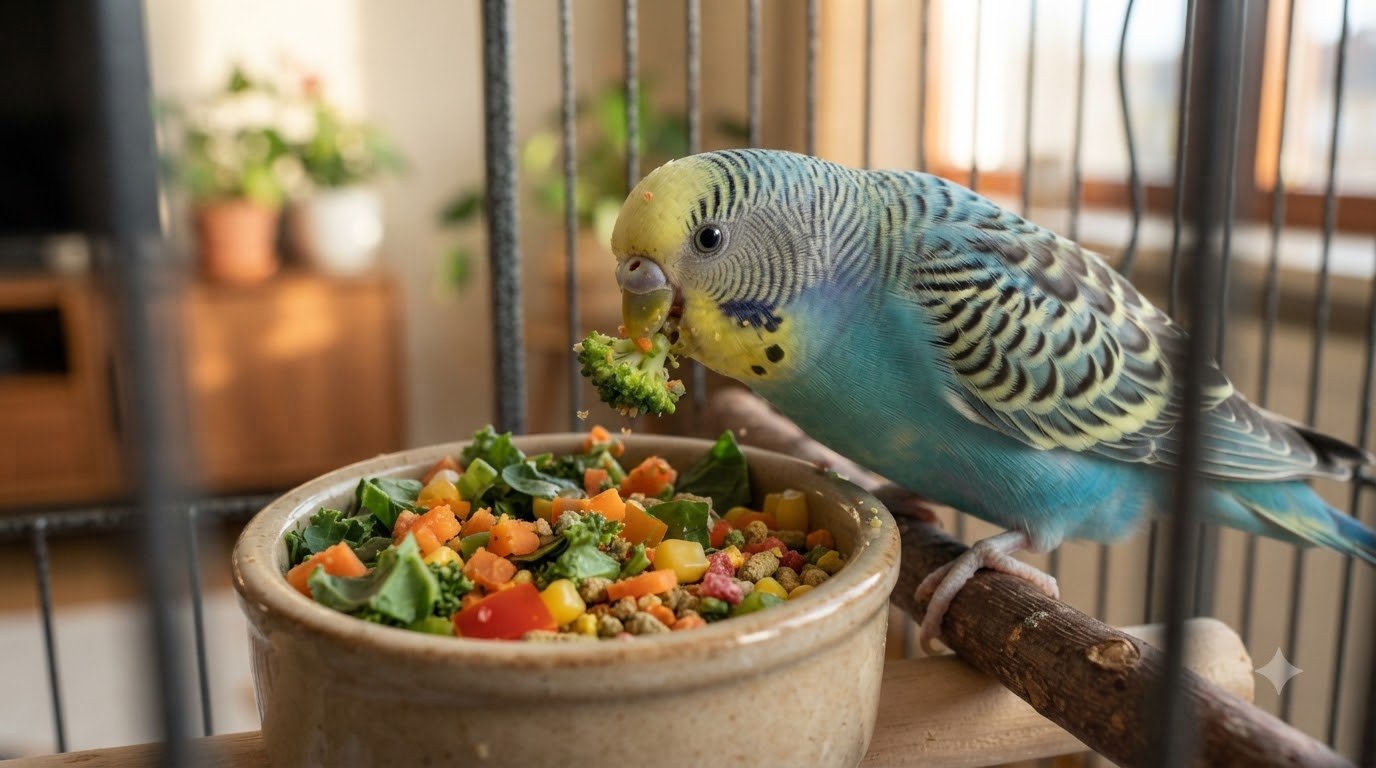 A parakeet eating fresh vegetables from a dish