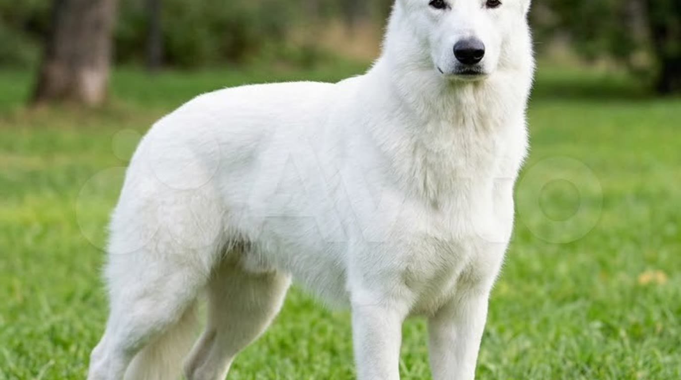 A solid white German Shepherd standing alert outdoors on grass