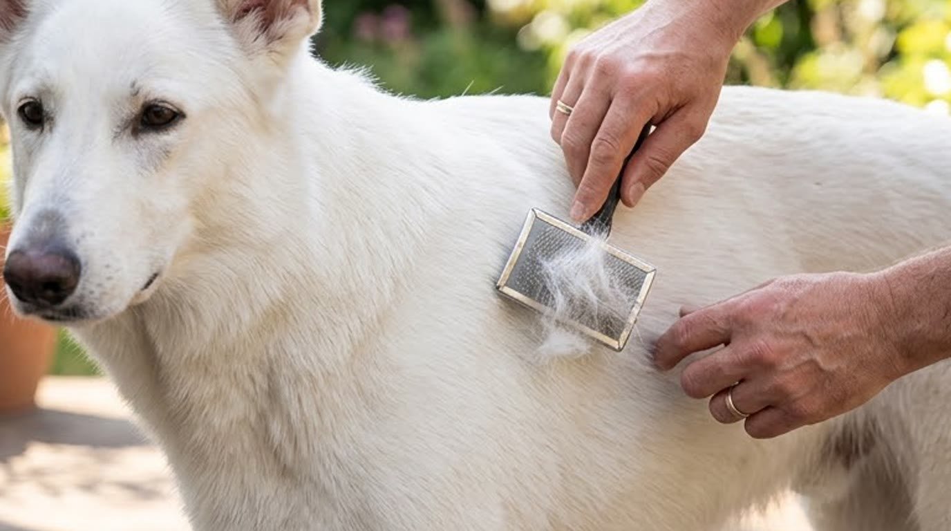 A white German Shepherd being brushed and groomed by its owner