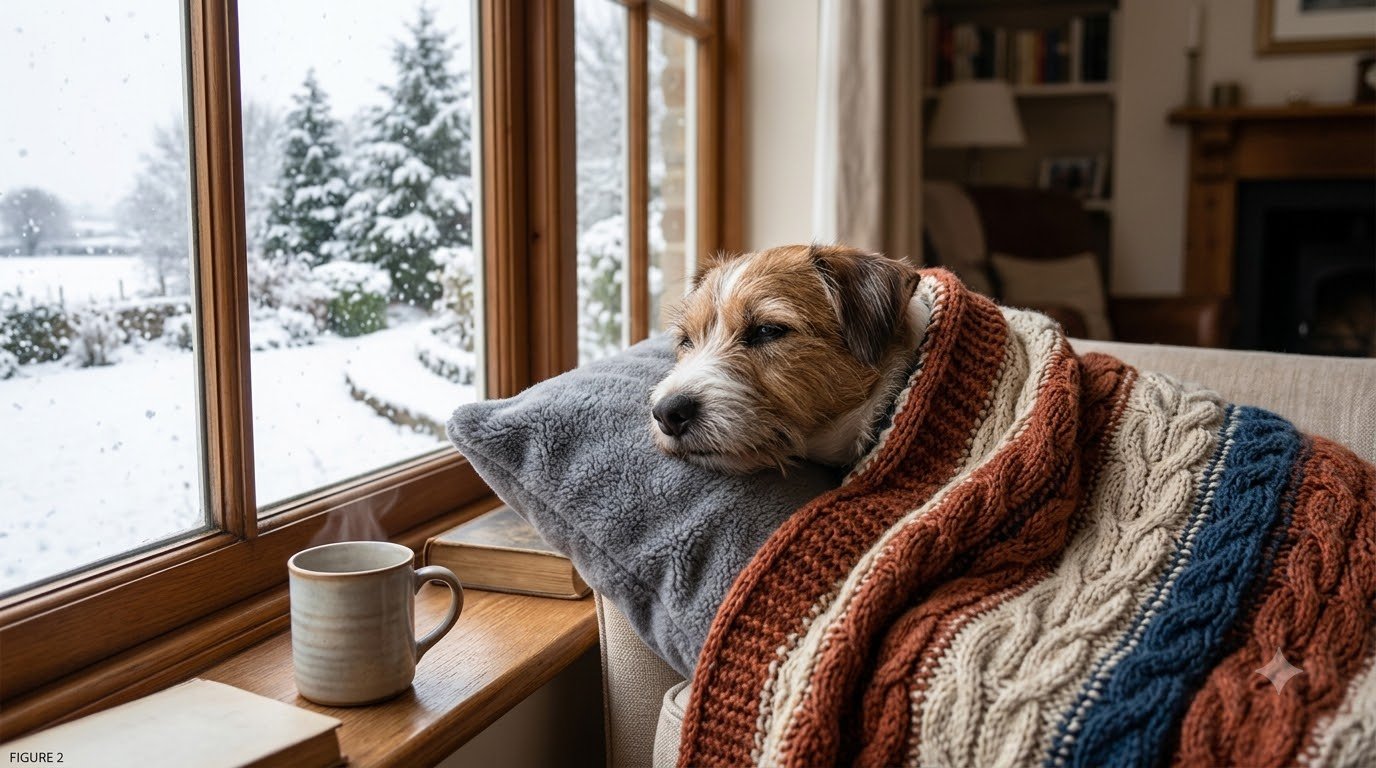 A dog resting under a warm blanket by a window