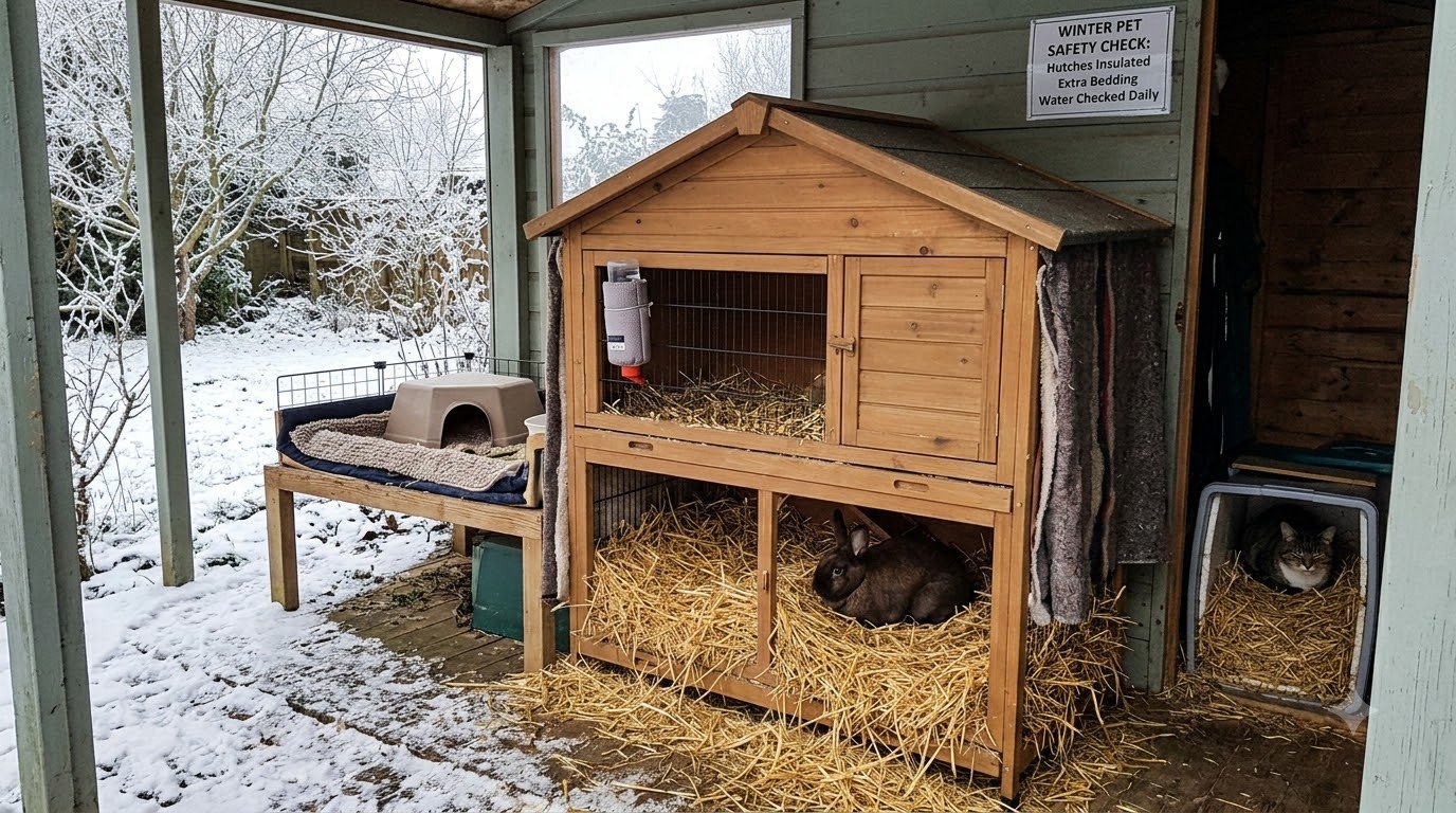 A rabbit hutch positioned in a sheltered spot in winter