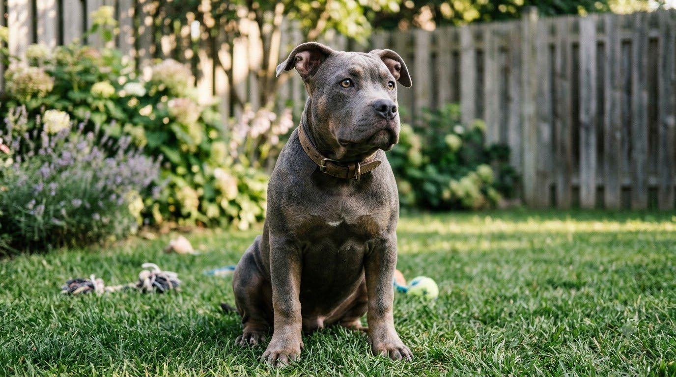 An XL Bully puppy sitting outdoors in a backyard