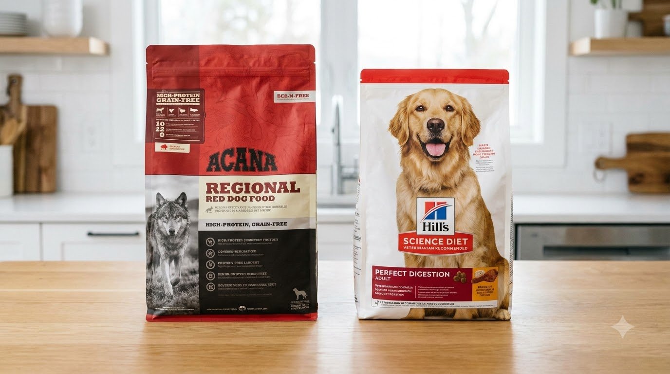 Two pet food bags compared side by side